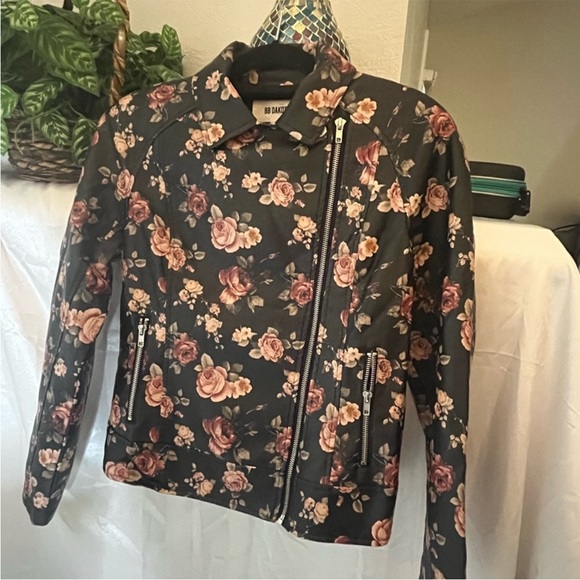 BB Dakota Black Pink Floral Rose Soft Leather Moto Jacket - Picture 2 of 13